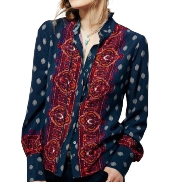 Free People Boho Floral Wishing Well Border Top/Blouse. Blue Red Sz S/P - Picture 1 of 13